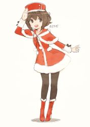 Rule 34 | 10s, 1girl, :d, bad id, bad pixiv id, beige background, black pantyhose, boots, brown eyes, brown hair, capelet, character name, dress, full body, fur trim, hair between eyes, hand on forehead, hat, high heels, kantai collection, long sleeves, looking at viewer, open mouth, pantyhose, pom pom (clothes), red footwear, ribbon, salute, santa boots, santa costume, seamed legwear, short hair, side-seamed legwear, simple background, smile, solo, ssberit, teeth, white background, yukikaze (kancolle)