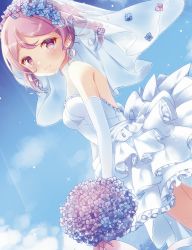 Rule 34 | 1girl, alternate costume, alternate hairstyle, blue sky, bouquet, bridal veil, cloud, commentary request, day, dress, drill hair, dutch angle, earrings, elbow gloves, flower, gloves, head wreath, highres, jewelry, kantai collection, kida mochi, looking at viewer, outdoors, pink eyes, pink hair, sazanami (kancolle), short hair, sky, solo, stud earrings, twintails, veil, wedding dress, white dress, white gloves