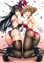 Rule 34 | 10s, 2girls, animal ears, ass, back-seamed legwear, backless outfit, bare shoulders, black gloves, black hair, black legwear, breasts, brown eyes, brown hair, cameltoe, collar, confetti, elbow gloves, fake animal ears, gloves, headgear, high heels, highres, holding hands, kantai collection, kase daiki, kneeling, large breasts, leotard, long hair, looking at viewer, looking back, multiple girls, mutsu (kancolle), nagato (kancolle), open mouth, pantyhose, playboy bunny, rabbit ears, rabbit tail, seamed legwear, shadow, short hair, sideboob, simple background, smile, tail, thighhighs, white gloves, yellow eyes