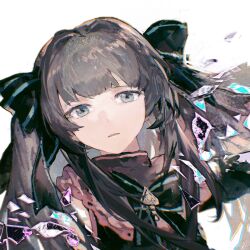 Rule 34 | 1girl, arcaea, bare shoulders, black bow, black bowtie, black dress, black hair, black sleeves, blue eyes, blunt bangs, bow, bowtie, collar, collared dress, crystal, detached sleeves, dress, expressionless, eyelashes, frilled collar, frills, hair bow, highres, lobelia (saclia), long hair, outstretched arm, parted lips, simple background, sleeveless, sleeveless dress, solo, tairitsu (arcaea), turtleneck dress, twintails, upper body, white background