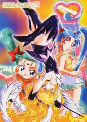 Rule 34 | 1990s (style), blonde hair, blue eyes, blue hair, boots, elbow gloves, facial mark, forehead mark, gloves, green hair, grin, hair between eyes, highres, holding, holding wand, long hair, mahou shoujo pretty sammy, navel, official art, open mouth, orange eyes, pink hair, pretty sammy (character), retro artstyle, short hair, smile, thigh boots, thighhighs, twintails, upside-down, very long hair, wand
