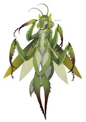 Rule 34 | 1girl, absurdres, antennae, arthropod girl, breasts, carapace, claws, colored sclera, colored skin, commentary request, extra arms, full body, green hair, green sclera, green skin, hair over one eye, highres, insect wings, looking at viewer, mantis girl, medium breasts, medium hair, monster girl, navel, no feet, original, ruteko (ruko220), solo, square pupils, white background, wings, yellow eyes