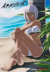 Rule 34 | 1girl, arachnid (series), artist name, bad id, bad twitter id, bare arms, bare legs, barefoot, beach, bikini, bob cut, copyright name, crossed ankles, crossed legs, day, dinoponera (arachnid), feet, green eyes, hands on own knees, horizon, ifuji shinsen, impossible clothes, impossible swimsuit, light, looking at viewer, ocean, official art, short hair, sitting, soles, solo, spread toes, staring, swimsuit, toes, tree, white bikini, white hair