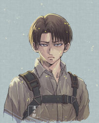 Rule 34 | 1boy, artist name, belt, black belt, blue background, brown hair, buttons, closed mouth, collared shirt, commentary request, grey eyes, grey shirt, half-closed eyes, highres, levi (shingeki no kyojin), looking at viewer, male focus, resolution mismatch, shingeki no kyojin, shirt, short hair, short sleeves, simple background, solo, source larger, upper body, user fuks3772, wing collar