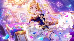 Rule 34 | 1girl, alternate hairstyle, artist name, artist request, bare shoulders, blonde hair, blue dress, blush, braid, breasts, brown eyes, cleavage, collarbone, crown braid, dress, drill hair, earrings, female focus, gloves, hair rings, highres, holding, holding wand, indoors, jewelry, looking at viewer, love live!, love live! school idol festival, love live! school idol festival all stars, love live! sunshine!!, medium breasts, miniskirt, necklace, ohara mari, parted lips, short hair, skirt, smile, solo, striped clothes, striped gloves, wand, white gloves, white skirt, yellow eyes