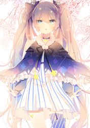 Rule 34 | 1girl, :o, arms at sides, bad id, bad pixiv id, black ribbon, blonde hair, blue eyes, blue hair, blue thighhighs, blush, bow, bright pupils, cancer (constellation), capelet, cowboy shot, dress, floral background, frilled capelet, frills, fur collar, fuyu no yoru miku, gradient background, hair bow, hair ribbon, hatsune miku, highres, long hair, long sleeves, looking at viewer, open mouth, painterfish, purple bow, ribbon, single thighhigh, solo, standing, star (symbol), starry sky print, striped clothes, striped dress, striped thighhighs, thighhighs, twintails, vertical-striped clothes, vertical-striped dress, very long hair, vocaloid, white dress