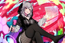 Rule 34 | 1girl, absurdres, animal ears, artist request, breasts, feet, fishnets, hairpin, highres, jacket, jewelry, large breasts, multiple hairpins, necklace, open mouth, pantyhose, saruei (vtuber), scar, scar on face, silver hair, smile, sportswear, stylus, virtual youtuber