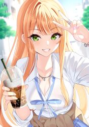 Rule 34 | 1girl, blue ribbon, blue skirt, blush, breasts, brown cardigan, bubble tea, cardigan, cardigan around waist, chain, chain bracelet, cleavage, clothes around waist, collarbone, commentary request, cup, disposable cup, fingernails, gakuen idolmaster, green eyes, grin, hatsuboshi gakuen school uniform, highres, holding, holding cup, idolmaster, jewelry, long hair, looking at viewer, loose neck ribbon, medium breasts, mole, mole under eye, nail polish, neck ribbon, necklace, orange hair, outdoors, ribbon, ring, school uniform, shirt, shiun sumika, skirt, smile, solo, sutoroa, upper body, v, very long hair, white shirt