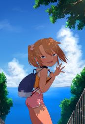 Rule 34 | 1girl, absurdres, backpack, bag, blue eyes, blush, brown hair, camisole, child, collar, commentary, day, dolphin shorts, ebisujima misato, fang, flower, hair flower, hair ornament, highres, looking at viewer, name tag, ocean, original, outdoors, shade, short shorts, shorts, sky, solo, spread fingers, tan, tanline, twintails, waving, yuma (ebisujima misato)