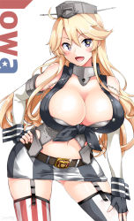 Rule 34 | 10s, 1girl, :d, asymmetrical legwear, bare shoulders, belt, belt buckle, black gloves, blonde hair, blush, breasts, buckle, character name, cleavage, fingerless gloves, front-tie top, garter straps, gloves, hand on own hip, hand on own knee, hat, headgear, highres, iowa (kancolle), kantai collection, large breasts, mismatched legwear, navel, open mouth, purple eyes, simple background, skirt, smile, solo, star-shaped pupils, star (symbol), striped clothes, striped skirt, striped thighhighs, symbol-shaped pupils, thighhighs, vertical-striped clothes, vertical-striped skirt, vertical-striped thighhighs, white background, yuuki hb