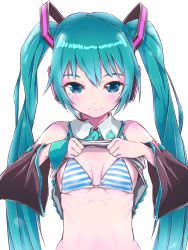 Rule 34 | 1girl, aqua eyes, aqua hair, bikini, bikini under clothes, blush, breasts, clothes lift, detached sleeves, hatsune miku, headset, highres, kowiru, lifted by self, long hair, looking at viewer, shirt lift, small breasts, solo, striped bikini, striped clothes, swimsuit, twintails, upper body, very long hair, vocaloid, white background