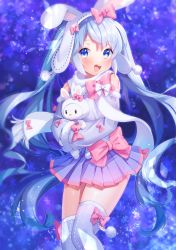 Rule 34 | 1girl, animal, blue background, blue eyes, blue hair, blush, bow, cowboy shot, detached sleeves, hair bow, hat, hatsune miku, highres, holding, holding animal, holding rabbit, kaniku, long hair, looking at viewer, open mouth, pleated skirt, rabbit, scarf, skirt, solo, thighhighs, twintails, very long hair, vocaloid, yuki miku, yukine (vocaloid)