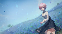 Rule 34 | 1girl, :d, alternate costume, black skirt, blue flower, blue sky, casual, clothes lift, cloud, dress shirt, dutch angle, fate/grand order, fate (series), fenrisu1fr, field, flower, flower field, hair over one eye, highres, long skirt, long sleeves, looking at viewer, mash kyrielight, open mouth, outdoors, petals, purple eyes, purple hair, shirt, short hair, skirt, skirt lift, sky, smile, solo, white shirt, wind, wind lift