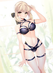 Rule 34 | 1girl, absurdres, arm strap, artoria pendragon (all), artoria pendragon (fate), black bow, black bra, black panties, blonde hair, blush, bow, bra, braid, breasts, fate/grand order, fate (series), hair bow, highres, lingerie, loggi, looking at viewer, medium breasts, medium hair, multi-strapped bra, multi-strapped panties, narrow waist, navel, o-ring, o-ring bottom, o-ring bra, o-ring panties, panties, saber alter, skindentation, solo, standing, stomach, thigh strap, underwear, underwear only, yellow eyes