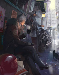 Rule 34 | 1boy, 1other, a-m-one, alley, animal, animal ears, animal on shoulder, arknights, armband, bird, bird on shoulder, black cat, black coat, black footwear, black gloves, black pants, building, carrying, carrying under arm, cat, cigarette, coat, commentary request, crossed legs, doctor (arknights), fire, fire, fur collar, gloves, grey hair, hand in pocket, unworn headwear, helmet, unworn helmet, holding, holding cigarette, jacket, lighter, long sleeves, motor vehicle, motorcycle, mouth hold, newspaper, outdoors, pants, poster (object), power lines, rain, red jacket, road, shoes, silverash (arknights), sitting, standing, street, suitcase, tenzin (arknights)