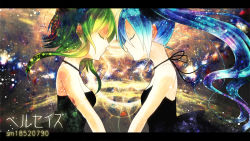 Rule 34 | 2girls, bad id, bad pixiv id, blue hair, copyright name, closed eyes, face-to-face, green hair, gumi, hatsune miku, letterboxed, long hair, multiple girls, profile, sazanami shione, symmetry, twintails, vocaloid