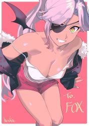 Rule 34 | 1girl, artist name, bare shoulders, black jacket, breasts, cleavage, collarbone, commentary request, demon wings, eyepatch, fox (shunao), from above, fur trim, grin, henken, highres, jacket, long hair, long sleeves, looking at viewer, medium breasts, original, pink hair, ponytail, red background, red shorts, shirt, short shorts, shorts, simple background, smile, solo, symbol-shaped pupils, white background, white shirt, wings