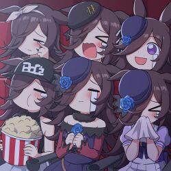 Rule 34 | &gt; &lt;, 6+girls, :d, animal ears, black hat, blue dress, blue flower, blue hat, blue rose, blue shirt, boc&#039;z (umamusume), brown hair, bucket, closed eyes, commentary, crying, crying with eyes open, dress, flower, food, hair over one eye, hair ribbon, hairband, hat, hat flower, highres, holding, holding bucket, horse ears, long hair, looking at viewer, multiple girls, multiple persona, off-shoulder dress, off shoulder, open mouth, pleated skirt, popcorn, puffy short sleeves, puffy sleeves, pun, purple eyes, ribbon, rice shower (umamusume), rose, school uniform, shirt, short sleeves, sitting, skirt, sleeves past wrists, smile, streaming tears, takiki, tears, tilted headwear, tracen school uniform, trembling, umamusume, very long hair, white hairband, white ribbon, white skirt