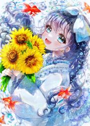 Rule 34 | 1girl, blue dress, blue eyes, blue flower, blunt bangs, bouquet, bow, dress, earrings, fish, flower, flower earrings, forget-me-not (flower), frilled dress, frills, gem, hair bow, happy, highres, holding, holding bouquet, jewelry, lace, lens flare, looking at viewer, open mouth, original, pa ff, pearl (gemstone), semi-transparent, smile, solo, sunflower, water, wavy hair, yellow flower