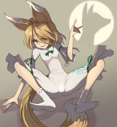 Rule 34 | 1girl, blonde hair, fox girl, fox shadow puppet, grey background, highres, kudamaki tsukasa, open mouth, shadow puppet, sitting, smile, socks, solo, spread legs, syope, test tube, touhou, yellow eyes