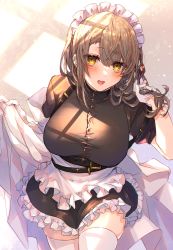 Rule 34 | 1girl, :d, apron, black shirt, black skirt, blush, breasts, brown eyes, brown hair, commentary request, ear piercing, fang, frilled apron, frilled skirt, frills, gloves, hair between eyes, half gloves, hands up, highres, holding, holding hair, large breasts, long hair, looking at viewer, maid, maid headdress, open mouth, original, piercing, puffy short sleeves, puffy sleeves, shikino yuki, shirt, short sleeves, skindentation, skirt, smile, solo, thighhighs, waist apron, white apron, white gloves, white thighhighs