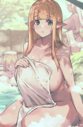 Rule 34 | 3girls, bare shoulders, blonde hair, blunt bangs, blurry, blurry background, breasts, cleavage, commentary request, convenient censoring, covering privates, dappled sunlight, elf, feet out of frame, fog, green eyes, highres, huge breasts, large breasts, light blush, long hair, looking at viewer, mi2mi2 minmi, multiple girls, naked towel, nude, nude cover, onsen, original, parted lips, pointy ears, skindentation, sunlight, thighs, towel, towel on head, wet