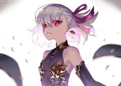 Rule 34 | 1girl, bare shoulders, blurry, blurry background, bow, collarbone, depth of field, detached sleeves, dress, fate/grand order, fate (series), glowing, glowing eyes, hair between eyes, hair bow, jonsun, kama (fate), kama (first ascension) (fate), long sleeves, petals, purple dress, purple sleeves, red bow, red eyes, silver hair, sleeveless, sleeveless dress, solo, twitter username, upper body, white background