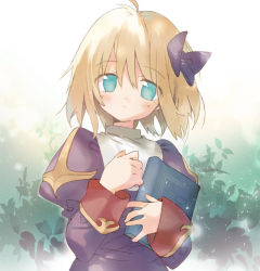 Rule 34 | 1girl, arutopian, black bow, black dress, blonde hair, blue eyes, blush, book, bow, closed mouth, commentary request, dress, hair between eyes, hair bow, holding, holding book, juliet sleeves, long sleeves, looking at viewer, plant, priest (ragnarok online), puffy sleeves, ragnarok online, short hair, smile, solo, upper body