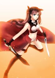 Rule 34 | 1girl, archer (fate), archer (fate) (cosplay), bad id, bad pixiv id, blue eyes, breasts, brown hair, cosplay, fate/stay night, fate (series), female focus, gradient background, holding, holding sword, holding weapon, kanshou &amp; bakuya (fate), long legs, meaomao, midriff, official alternate costume, solo, sword, tohsaka rin, two side up, weapon