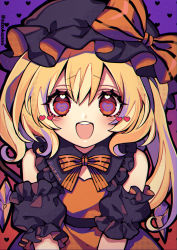 Rule 34 | 1girl, alternate color, alternate costume, artist name, belt, black belt, black hat, blonde hair, blush, bow, crystal, dress, english text, flandre scarlet, frilled dress, frills, gradient background, halloween, halloween costume, hat, heart, heart-shaped pupils, highres, kyouda suzuka, looking at viewer, mixed-language commentary, mob cap, off shoulder, open mouth, orange bow, orange dress, profanity, puffy short sleeves, puffy sleeves, red eyes, short sleeves, side ponytail, solo, standing, striped, striped bow, symbol-shaped pupils, teeth, touhou, twitter username, upper body, upper teeth only, when you see it, wings