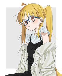 Rule 34 | 1girl, ahoge, black dress, blonde hair, bocchi the rock!, dress, glasses, grey background, highres, ijichi nijika, jacket, looking at viewer, open mouth, shirt, side ponytail, simple background, solo, to9 722, white jacket, white shirt