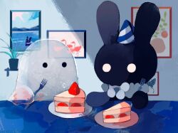 Rule 34 | black rabbit (animal), cake, commentary, food, fork, hat, holding, holding fork, indoors, li04r, original, painting (object), party hat, plant, plate, potted plant, rabbit, sheet ghost, sitting, strawberry shortcake, table