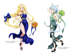 Rule 34 | 2girls, absurdres, alice zuberg, animal ears, armlet, ass, black footwear, blonde hair, blue bow, blue dress, blue hair, bouquet, bow, breasts, cat ears, cat tail, cleavage, dress, flower, full body, green dress, green flower, green rose, hair bow, hair intakes, hair ribbon, hairband, hand on own hip, high heels, highres, holding, holding bouquet, long dress, long hair, looking at viewer, medium breasts, multiple girls, official art, orange flower, orange rose, ribbon, rose, short hair with long locks, sideboob, sidelocks, simple background, sinon (sao-alo), sleeveless, sleeveless dress, small breasts, standing, strapless, strapless dress, sword art online, tail, thighs, very long hair, white background, white hairband, white ribbon, yellow flower, yellow rose