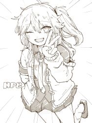 Rule 34 | 1girl, antenna hair, arm behind back, armband, blush, cardigan, collared shirt, commentary, emphasis lines, fang, foot out of frame, foot up, greyscale, hand up, happy birthday, highres, iyowa (igusuri please), kasukabe tsumugi, long hair, long sleeves, looking at viewer, miniskirt, mole, mole under eye, monochrome, necktie, off shoulder, one eye closed, one side up, open cardigan, open clothes, pleated skirt, shirt, simple background, skin fang, skirt, smile, solo, standing, standing on one leg, v, voicevox