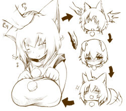 Rule 34 | 1girl, :&gt;, :3, animal ears, arrow (symbol), bad anatomy, bad proportions, blush, breasts, brown theme, female focus, happy, headpat, huge breasts, inubashiri momiji, large breasts, monochrome, musical note, sad, sequential, shinobe, solo, tail, tail wagging, tears, touhou, wolf ears, wolf tail