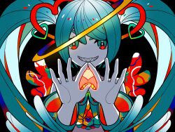 Rule 34 | 1girl, aqua eyes, aqua hair, backlighting, bare shoulders, black background, detached sleeves, glowing, grin, hair ornament, halftone, hands up, hatsune miku, heart, heart hair ornament, long hair, looking at viewer, machigami yoh, multicolored wings, own hands together, red wings, simple background, smile, solo, straight-on, swept bangs, teeth, twintails, upper body, vocaloid, wings