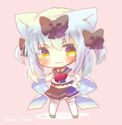 Rule 34 | 1girl, :3, animal ears, azur lane, black bow, black sailor collar, black skirt, blush, bow, bowtie, brown background, brown eyes, cat ears, chibi, closed mouth, commentary request, full body, hair between eyes, hair bow, hand on own hip, kou hiyoyo, long hair, looking at viewer, midriff, pleated skirt, red bow, red bowtie, sailor collar, school uniform, serafuku, shirt, silver hair, simple background, skirt, sleeveless, sleeveless shirt, solo, standing, star (symbol), thighhighs, twitter username, two side up, white shirt, white thighhighs, yukikaze (azur lane)
