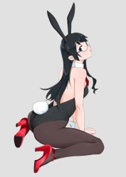 Rule 34 | 1girl, :o, animal ear hairband, animal ears, ass, back, bare shoulders, black hair, black leotard, blue eyes, breasts, brown pantyhose, commentary request, detached collar, fake animal ears, full body, glasses, hairband, high heels, highres, kantai collection, leotard, long hair, looking at viewer, ojipon, ooyodo (kancolle), pantyhose, parted lips, playboy bunny, rabbit ear hairband, rabbit ears, rabbit tail, semi-rimless eyewear, simple background, sitting, small breasts, solo, strapless, strapless leotard, tail, thighs, under-rim eyewear, wariza, wrist cuffs