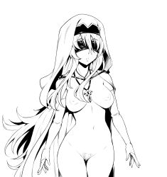 Rule 34 | 1girl, absurdres, blindfold, breasts, bridal gauntlets, cowboy shot, elbow gloves, female pubic hair, geewhy, gloves, goblin slayer!, greyscale, habit, highres, jewelry, large breasts, long hair, medium breasts, monochrome, necklace, nipples, parted lips, pubic hair, simple background, solo, sword maiden, thigh gap, very long hair, white background