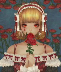 Rule 34 | 1girl, absurdres, bare shoulders, blonde hair, braid, dress, earrings, flower, highres, holding, holding flower, jewelry, kim eul bong, looking at viewer, maid headdress, off-shoulder dress, off shoulder, original, parted lips, red eyes, red flower, red lips, red rose, rose, tears, upper body