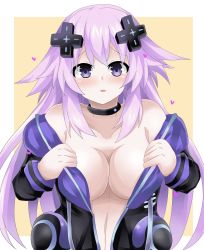 Rule 34 | 1girl, adult neptune, artist request, breasts, cleavage, heart, highres, jacket, large breasts, long hair, looking at viewer, navel, neptune (series), no bra, open mouth, purple eyes, purple hair, undressing, unzipped