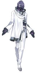 Rule 34 | 1boy, black gloves, black hair, black shirt, gloves, hair behind ear, hair over one eye, jacket, male focus, mask, mouth mask, official art, one eye covered, open hands, pants, purple eyes, purple hair, shirt, shoes, silver deacon (smc), solo, super mecha champions, transparent background, white footwear, white jacket, white pants