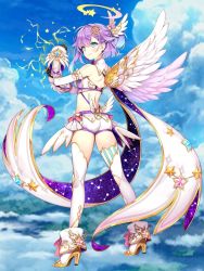 Rule 34 | 1girl, angel, angel wings, ass, bare shoulders, black gloves, blue eyes, breasts, byulzzi, cloud, constellation print, crop top, day, detached collar, detached sleeves, feathered wings, from behind, full body, gauntlets, gloves, gradient hair, hair ornament, half updo, halo, high heels, lightning, looking at viewer, looking back, luca (shironeko project), medium breasts, midriff, multicolored hair, purple hair, revealing clothes, shironeko project, short hair, short shorts, shorts, sky, smile, solo, star (symbol), thighhighs, white footwear, white shorts, white thighhighs, wings