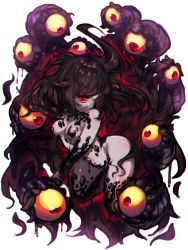 Rule 34 | 1girl, absurdres, black hair, blush, breasts, colored sclera, cyclops, extra eyes, floating, gazer (monster girl encyclopedia), grin, highres, long hair, looking at viewer, medium breasts, monster girl, monster girl encyclopedia, mozu 1oo, nude, one-eyed, pale skin, red eyes, simple background, slime (substance), slit pupils, smile, solo, tail, tentacles, white background, yellow sclera