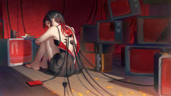 Rule 34 | 1girl, bare arms, bare legs, bare shoulders, barefoot, black dress, black hair, breasts, cable, cellphone, commentary request, crack, cup, dress, food, gradient hair, hair ornament, highres, ji dao ji, knees up, long hair, looking at viewer, looking back, low twintails, mug, multicolored hair, on floor, open clothes, open dress, original, partially unzipped, phone, profile, pudding, red eyes, red hair, sitting, sleeveless, sleeveless dress, small breasts, solo, television, twintails, wooden floor, x hair ornament