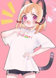 Rule 34 | 1girl, animal ear headphones, animal ears, black shorts, blonde hair, blue archive, bow, cat ear headphones, cat ears, cat tail, character name, clothes writing, fake animal ears, fake tail, hair bow, halo, hand on own chest, hand on own hip, headphones, highres, momoi (blue archive), mukooooou, open mouth, pink background, pink eyes, ribbon, shirt, short hair, short shorts, short sleeves, shorts, simple background, smile, solo, tail, white shirt