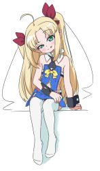 Rule 34 | 1girl, :q, ahoge, astarotte ygvar, bare shoulders, blonde hair, clothing cutout, detached collar, flat chest, green eyes, hair ribbon, head tilt, kiirokuma, long hair, looking at viewer, lotte no omocha!, navel cutout, necktie, no shoes, parted bangs, pointy ears, raised eyebrow, ribbon, side slit, sitting, solo, thighhighs, tongue, tongue out, twintails, uneven eyes, very long hair, white thighhighs, wrist cuffs