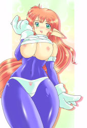 Rule 34 | 1girl, bad id, bad pixiv id, bodysuit, breasts, buieito, galaxy fight, gloves, green eyes, huge breasts, long hair, nipples, open clothes, pointy ears, red hair, roomi, solo, spandex, sunsoft
