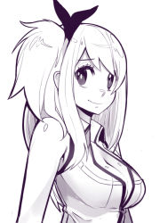 Rule 34 | 1girl, breasts, cleavage, fairy tail, female focus, hair ribbon, large breasts, long hair, lucy heartfilia, one side up, ribbon, sho-n-d, sketch, sleeveless, smile, solo