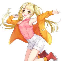 Rule 34 | 1girl, :d, absurdres, armpits, arms up, bang dream!, bare shoulders, blonde hair, hair ornament, highres, jacket, long hair, long sleeves, looking at viewer, neginoki, off shoulder, open clothes, open jacket, open mouth, orange jacket, orange socks, outstretched arms, pink shirt, red footwear, shirt, shirt tucked in, shoes, short shorts, shorts, simple background, sleeveless, sleeveless shirt, smile, socks, solo, thighs, tsurumaki kokoro, twintails, white background, white shorts, yellow eyes